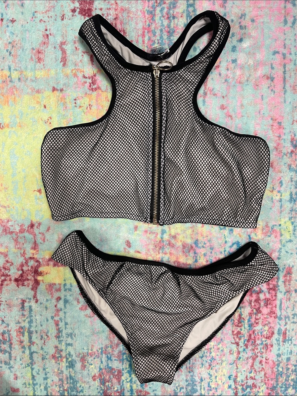 UNIF Black Mesh Bikini Set with White Lining